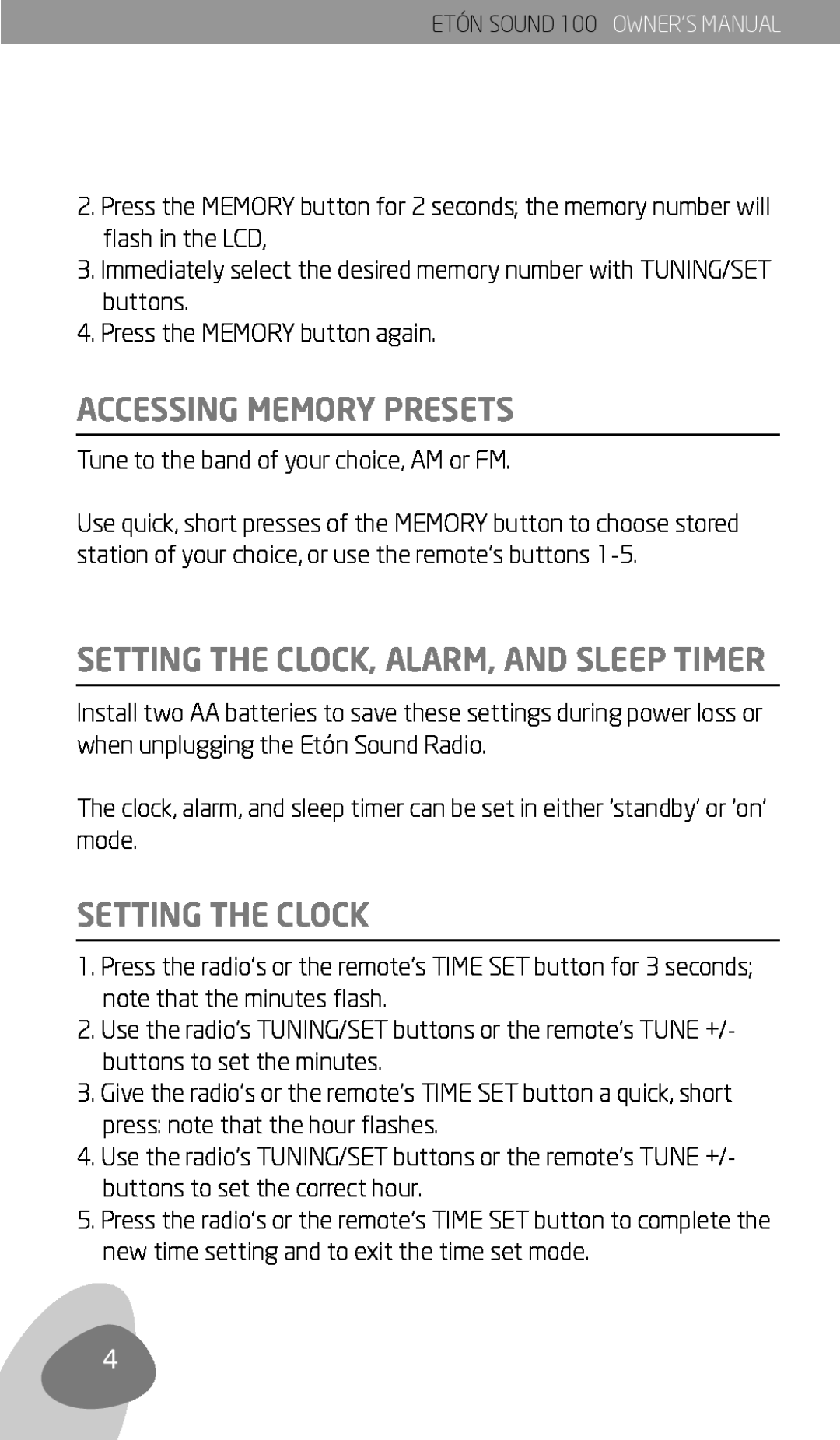 Eton Sound 100 owner manual Accessing Memory Presets, Setting The Clock, Alarm, And Sleep Timer 