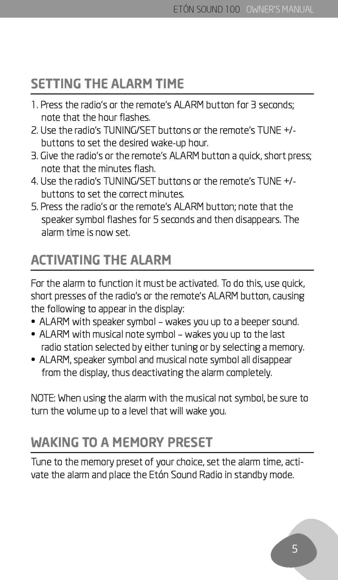Eton Sound 100 owner manual Setting The Alarm Time, Activating The Alarm, Waking To A Memory Preset 