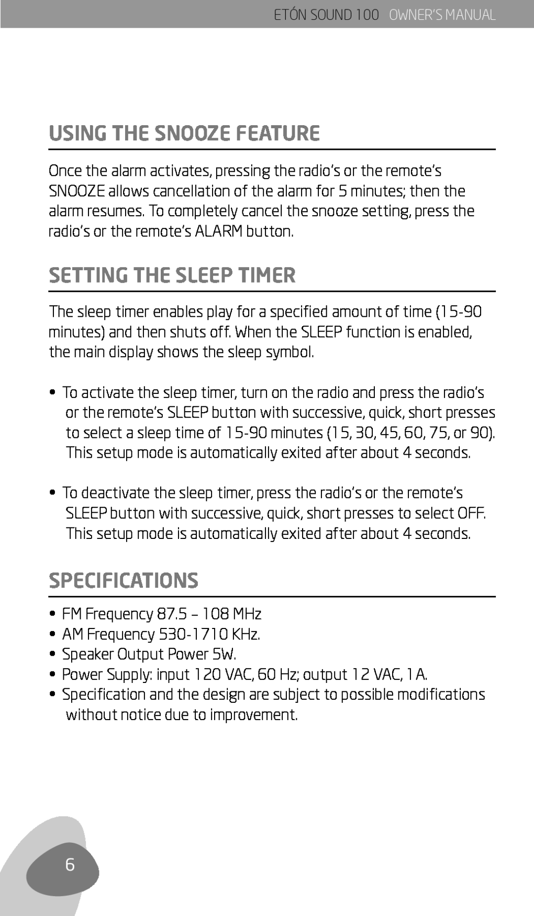 Eton Sound 100 owner manual Using The Snooze Feature, Setting The Sleep Timer, Specifications, FM Frequency 87.5 - 108 MHz 