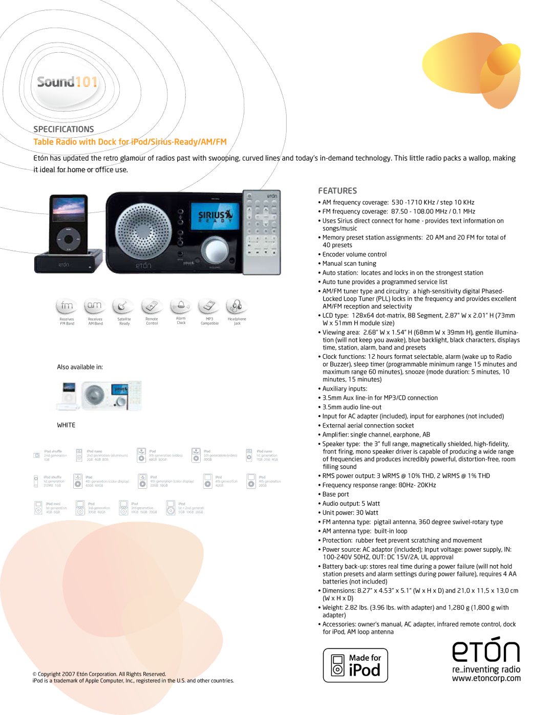 Eton SOUND101 specifications Sound101, Specifications, Table Radio with Dock for iPod/Sirius-Ready/AM/FM, Features 