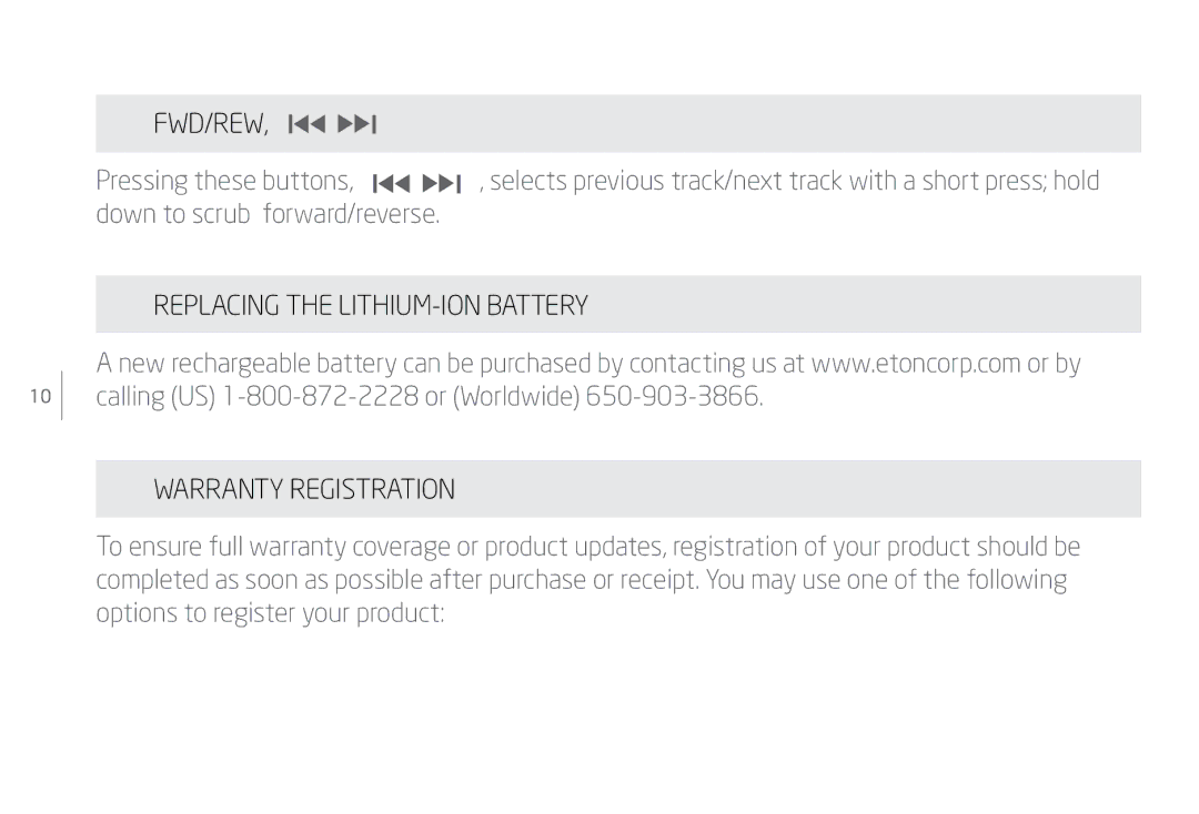 Eton Speaker System user manual Fwd/Rew, Replacing the LITHIUM-ION Battery Warranty Registration 