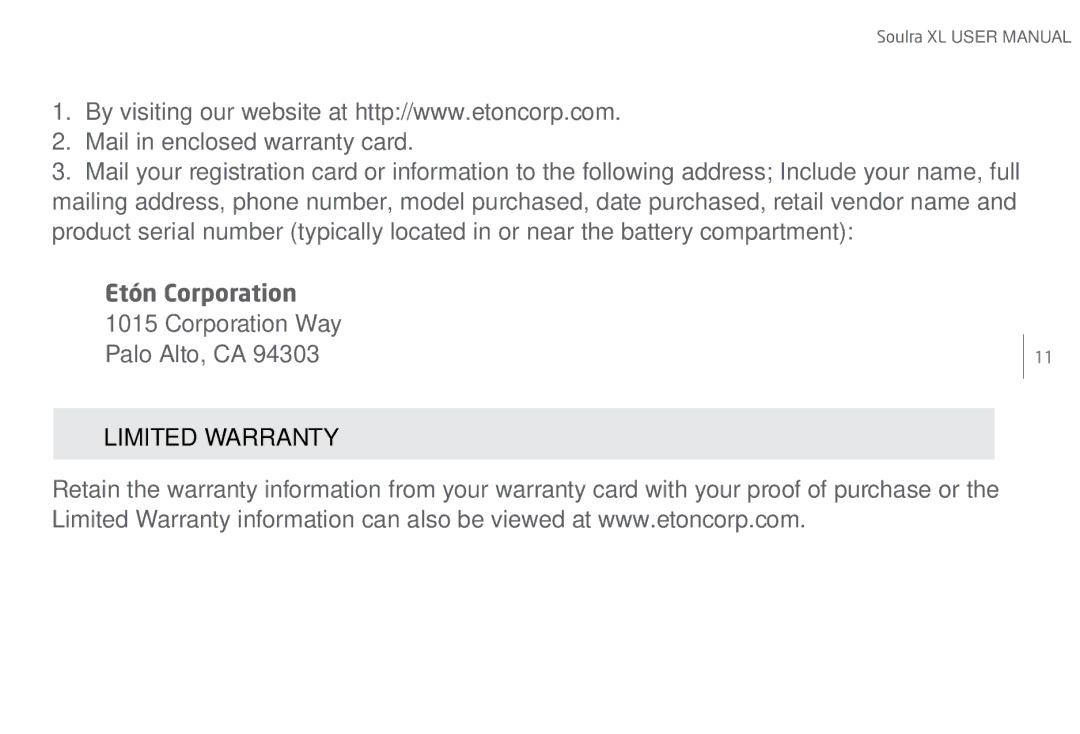 Eton Speaker System user manual Mail in enclosed warranty card, Limited Warranty 