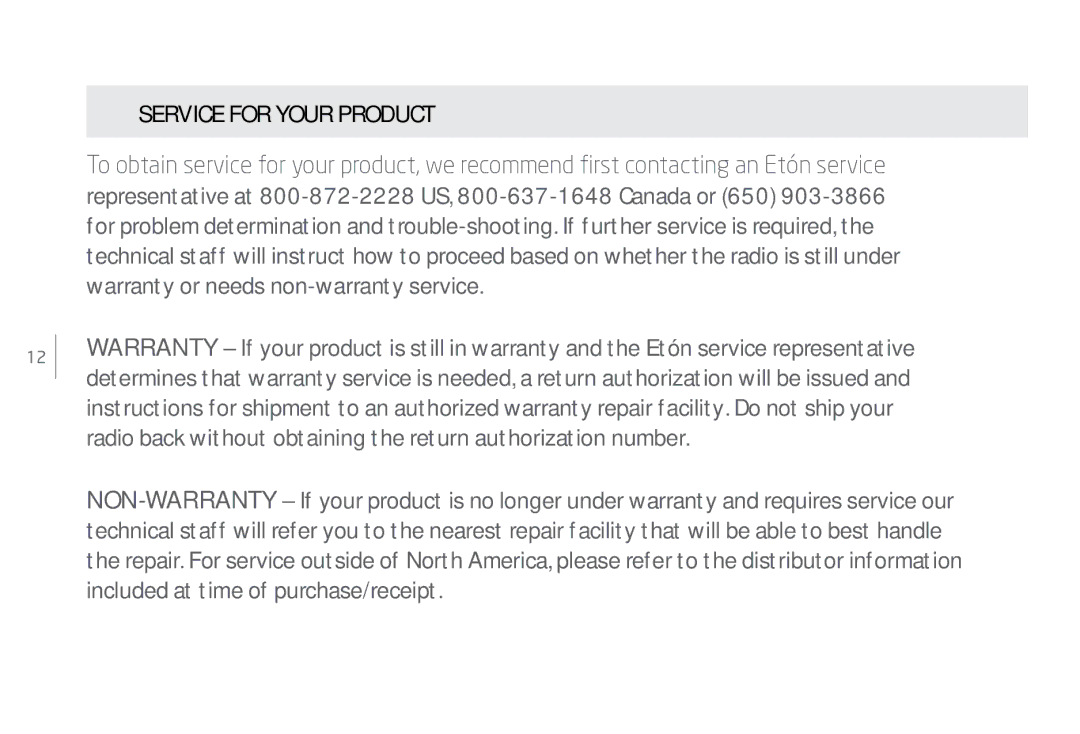 Eton Speaker System user manual Service for Your Product 