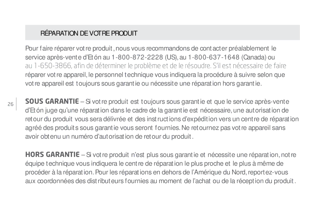 Eton Speaker System user manual Réparation DE Votre Produit 