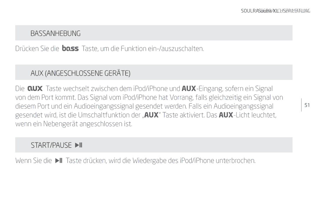 Eton Speaker System user manual Bassanhebung, AUX Angeschlossene Geräte, Start/Pause 