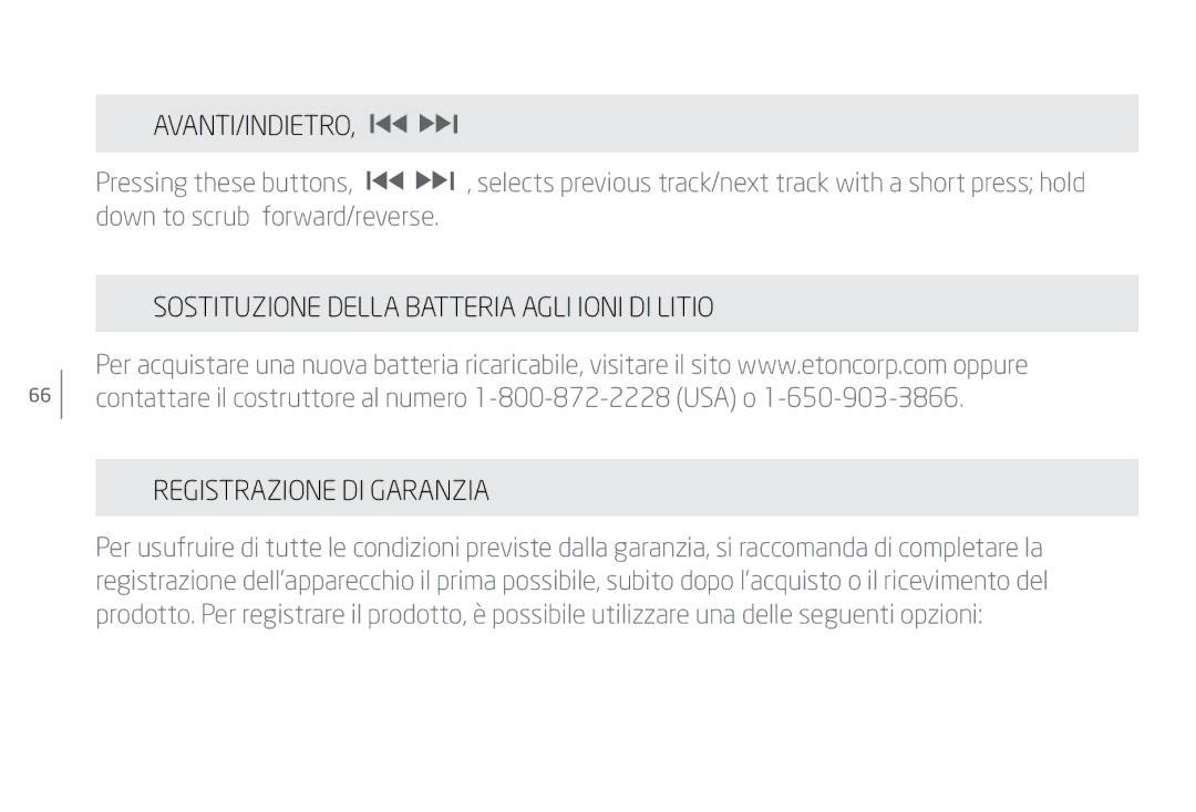 Eton Speaker System user manual Avanti/Indietro 