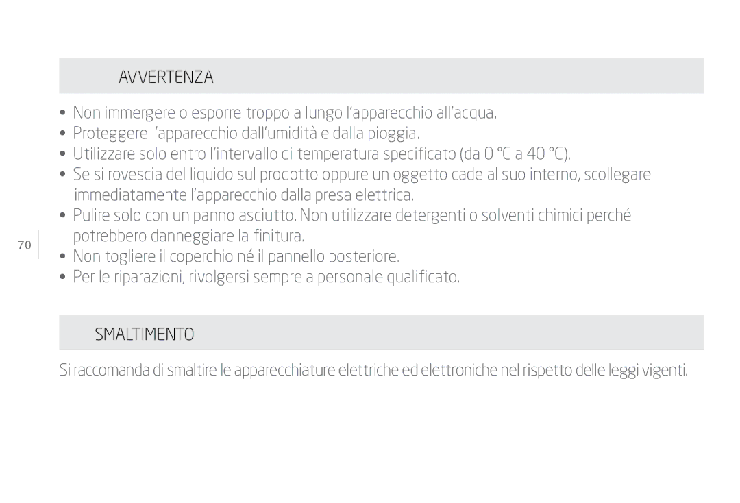 Eton Speaker System user manual Avvertenza, Smaltimento 