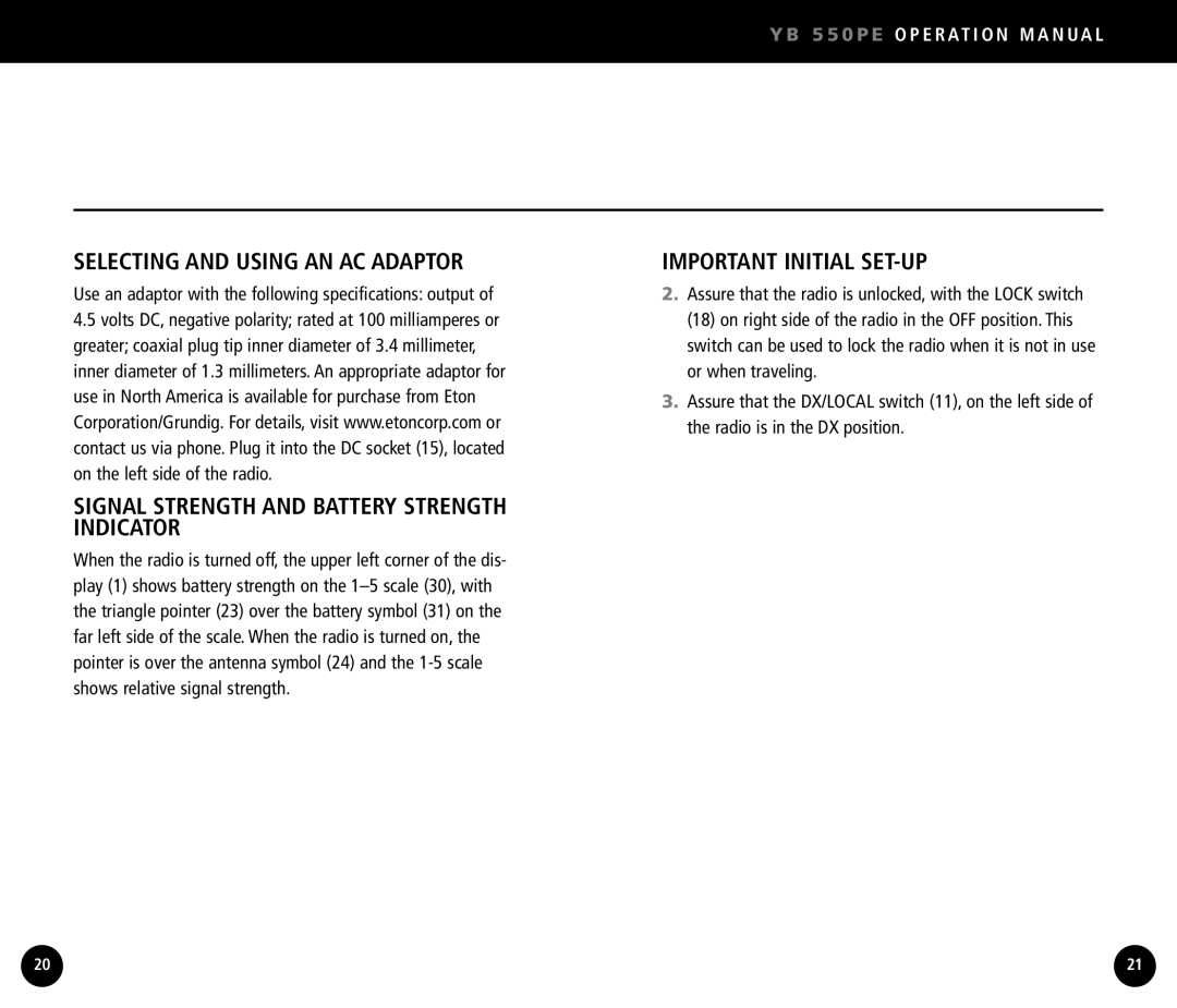 Eton YB550 Selecting and Using AN AC Adaptor, Signal Strength and Battery Strength Indicator, Important Initial SET-UP 