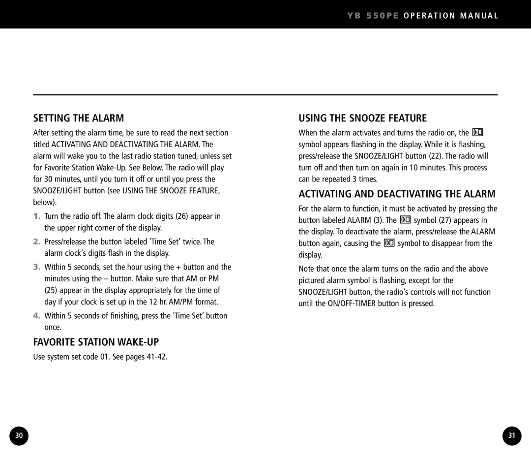 Eton YB550 Setting the Alarm, Favorite Station WAKE-UP, Using the Snooze Feature, Activating and Deactivating the Alarm 