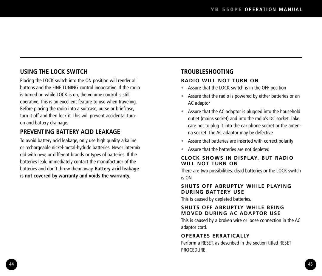 Eton YB550 operation manual Using the Lock Switch, Preventing Battery Acid Leakage, Troubleshooting 