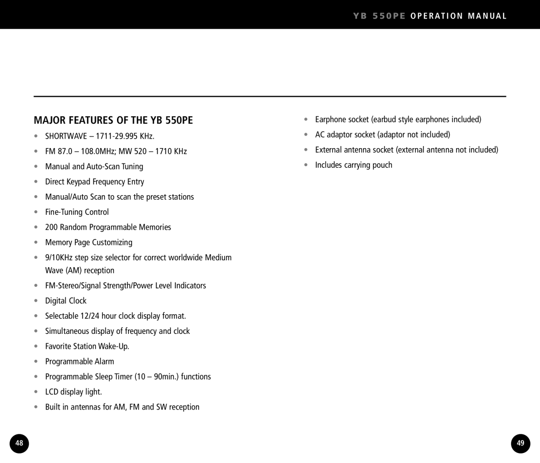 Eton YB550 operation manual Major Features of the YB 550PE 