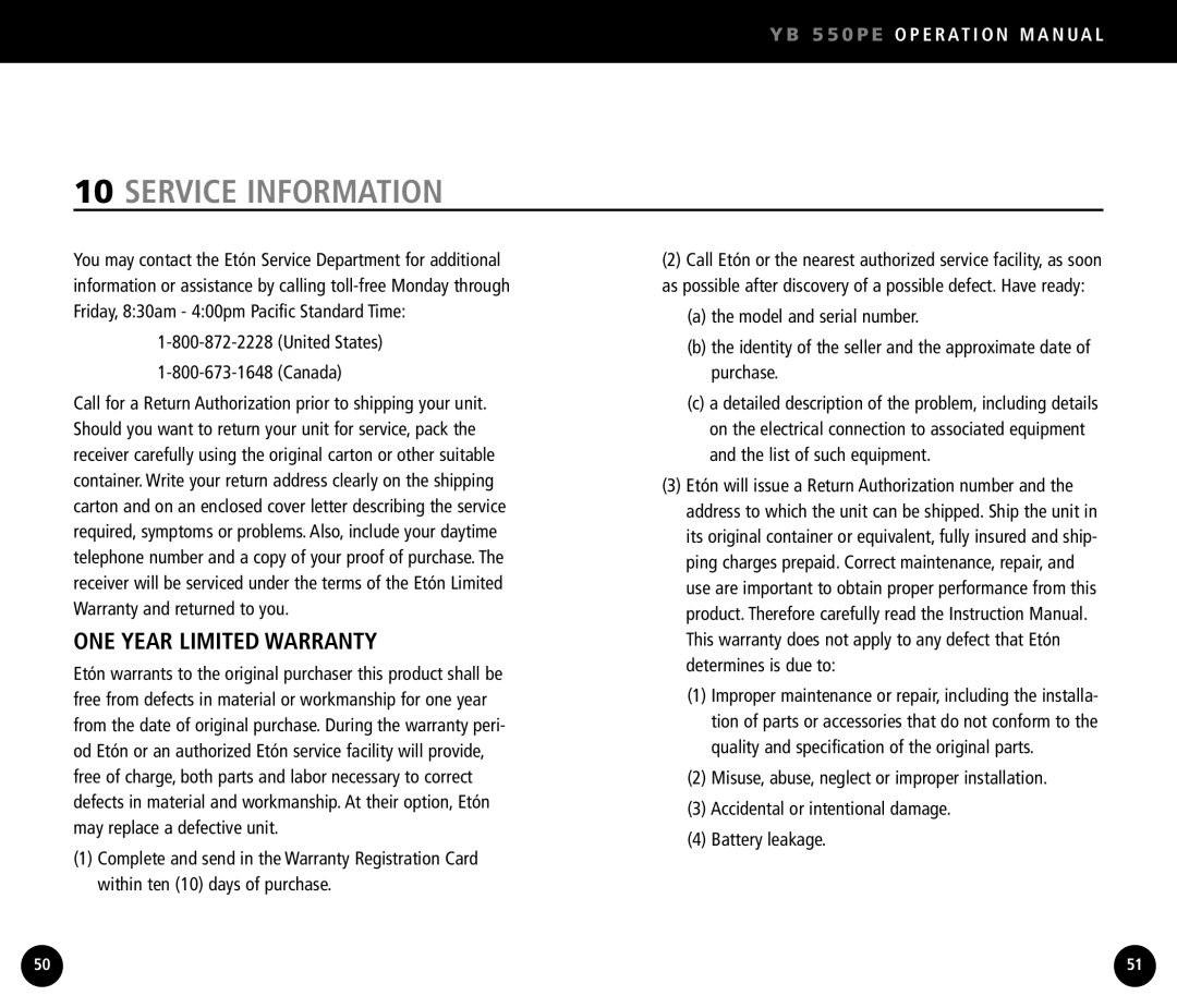 Eton YB550 operation manual Service Information, ONE Year Limited Warranty, United States Canada 