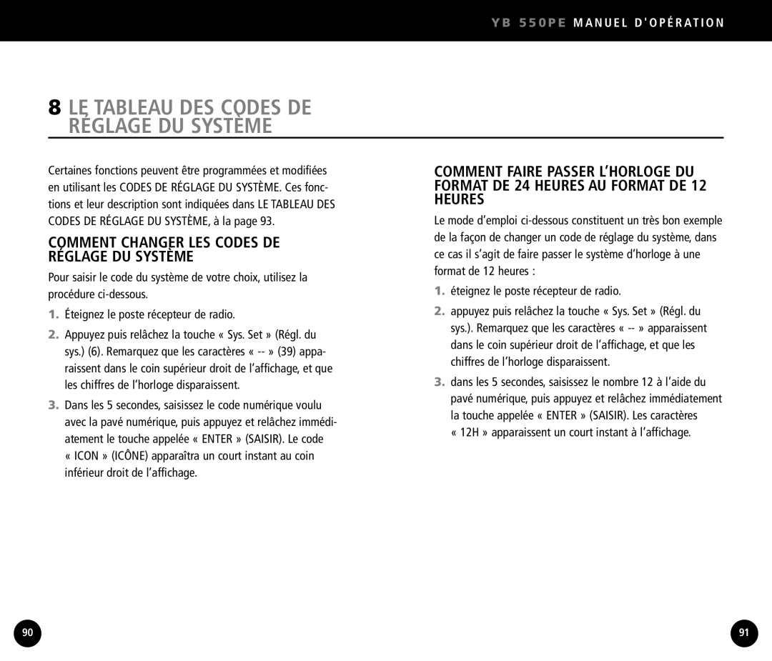 Eton YB550 operation manual LE Tableau DES Codes DE Réglage DU Système, « 12H » apparaissent un court instant à l’affichage 