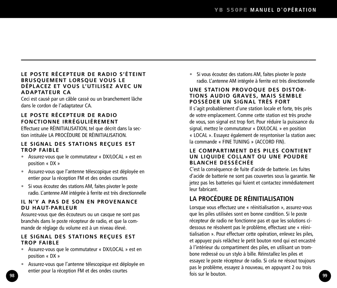 Eton YB550 operation manual LA Procédure DE Réinitialisation, LE Signal DES Stations Reçues EST Trop Faible 