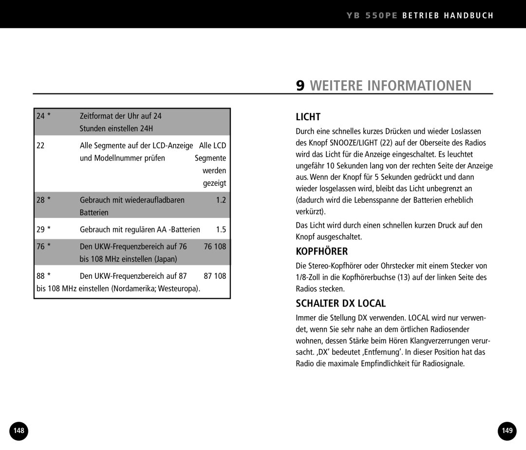 Eton YB550 operation manual Weitere Informationen, Licht, Kopfhörer, Schalter DX Local 