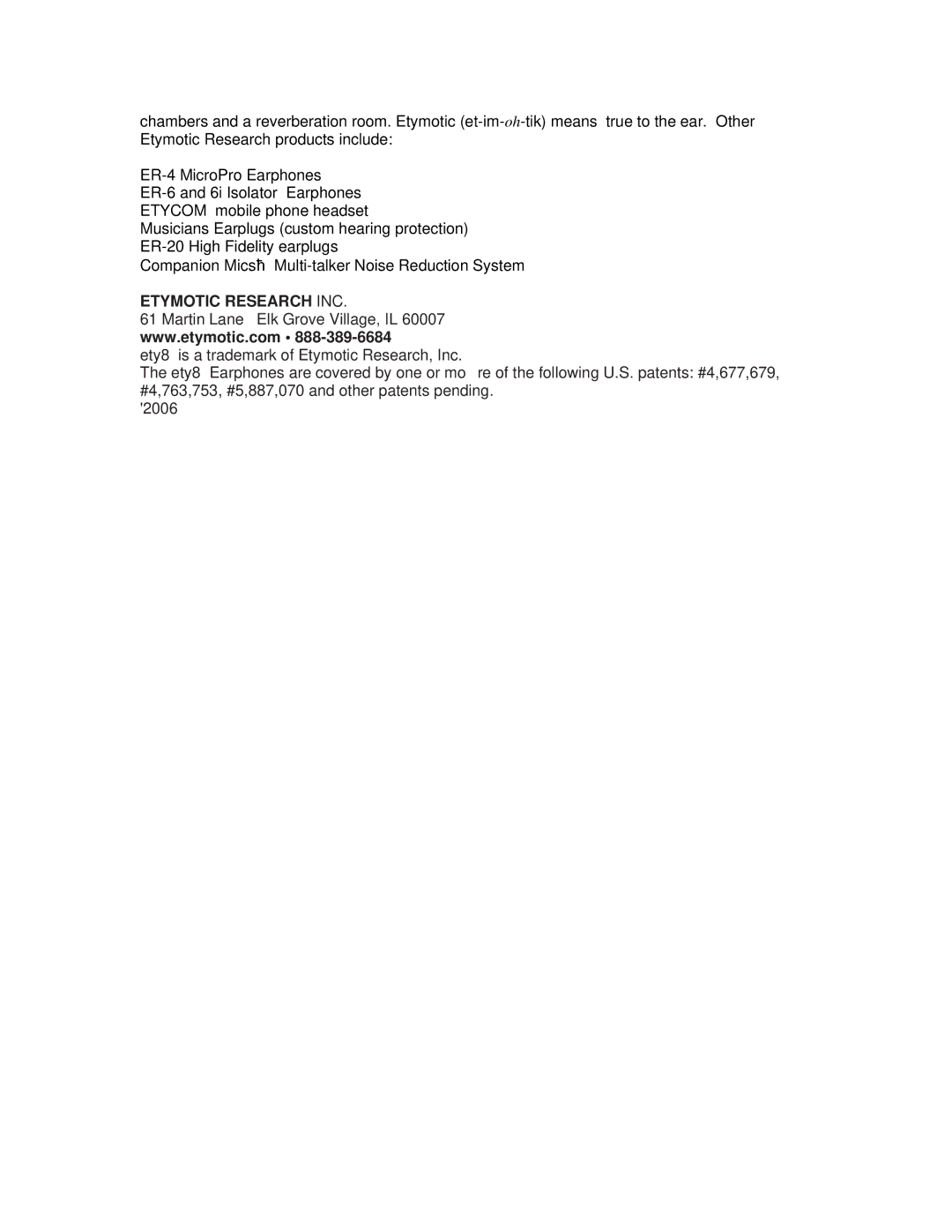 Etymotic Research Ety8 specifications Etymotic Research INC 