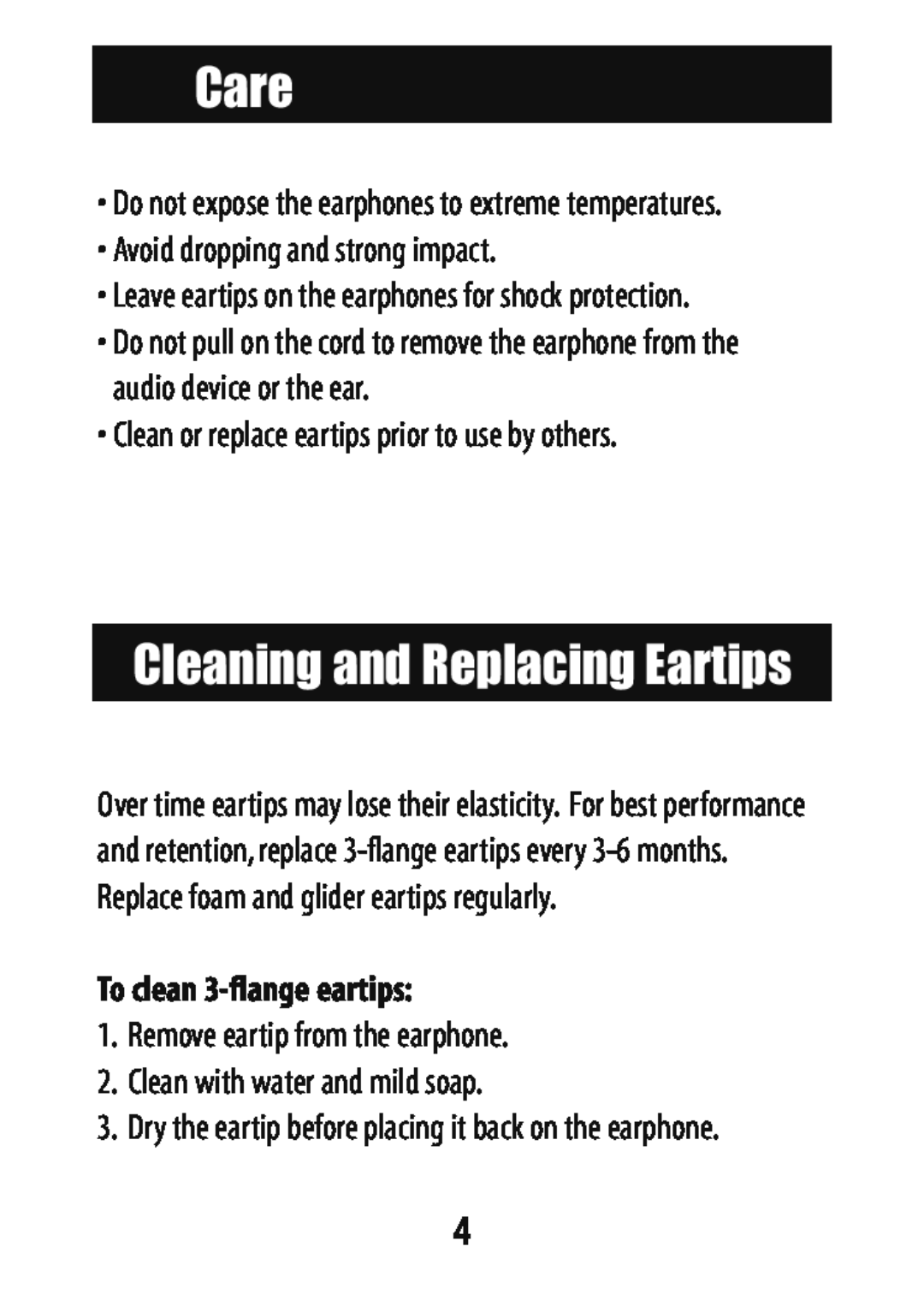 Etymotic Research HF5 user manual Care, Cleaning and Replacing Eartips, To clean 3-flangeeartips 