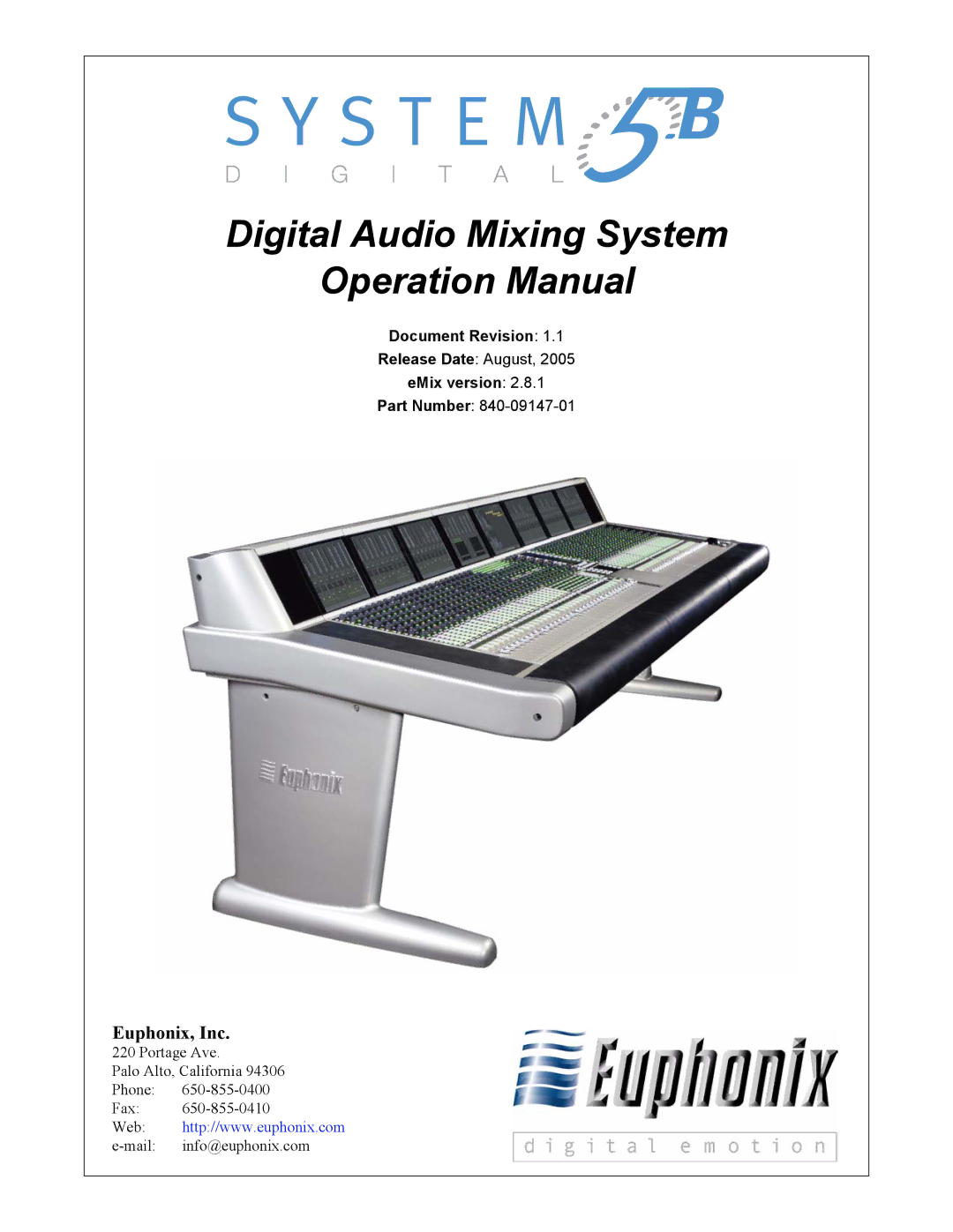 Euphonix 5B operation manual Digital Audio Mixing System 