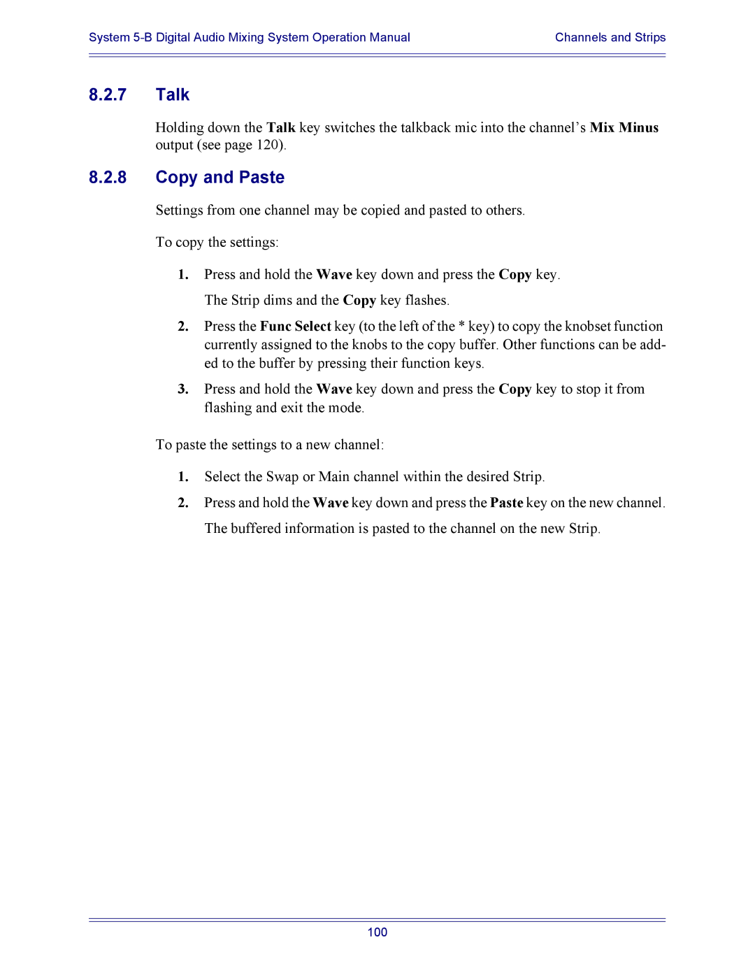 Euphonix 5B operation manual Talk, Copy and Paste 