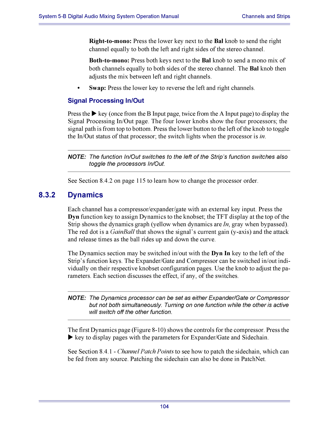 Euphonix 5B operation manual Dynamics, Signal Processing In/Out 