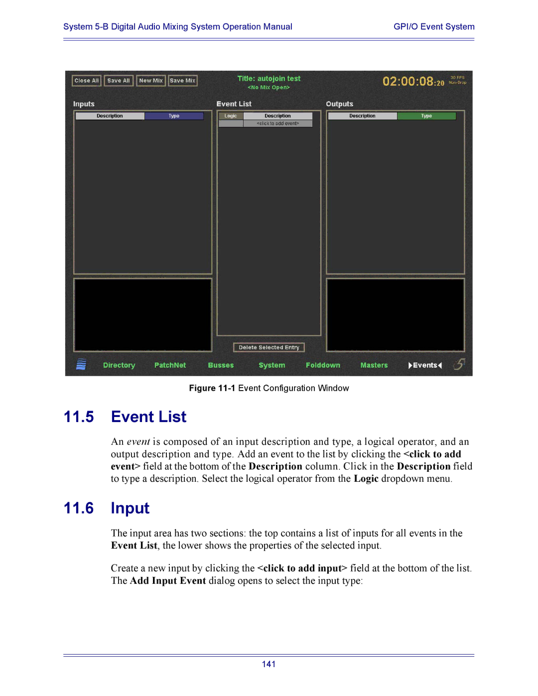 Euphonix 5B operation manual Event List, Input 