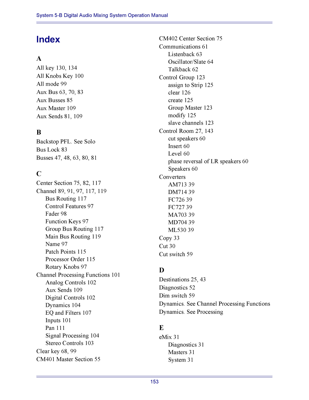 Euphonix 5B operation manual Index 