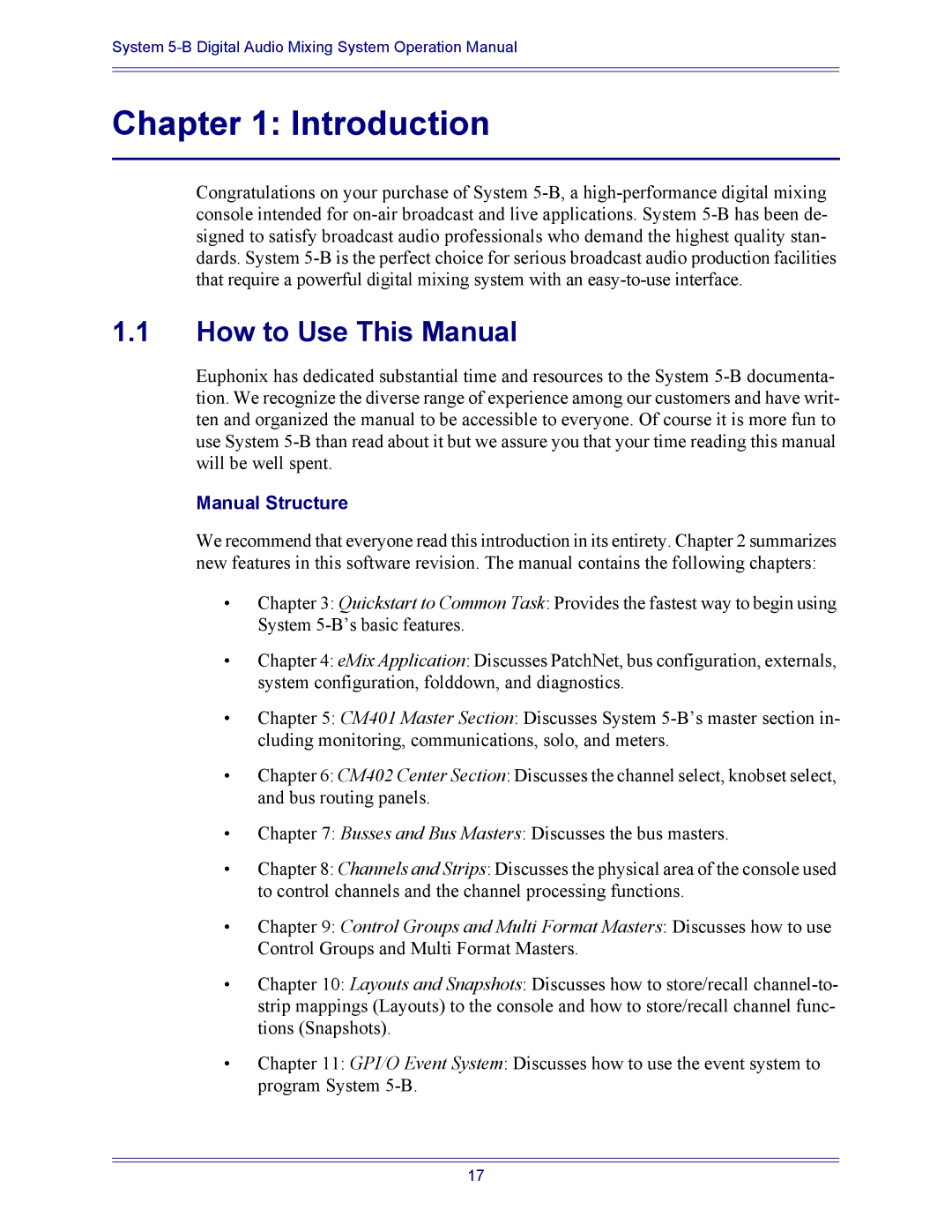 Euphonix 5B operation manual How to Use This Manual, Manual Structure 