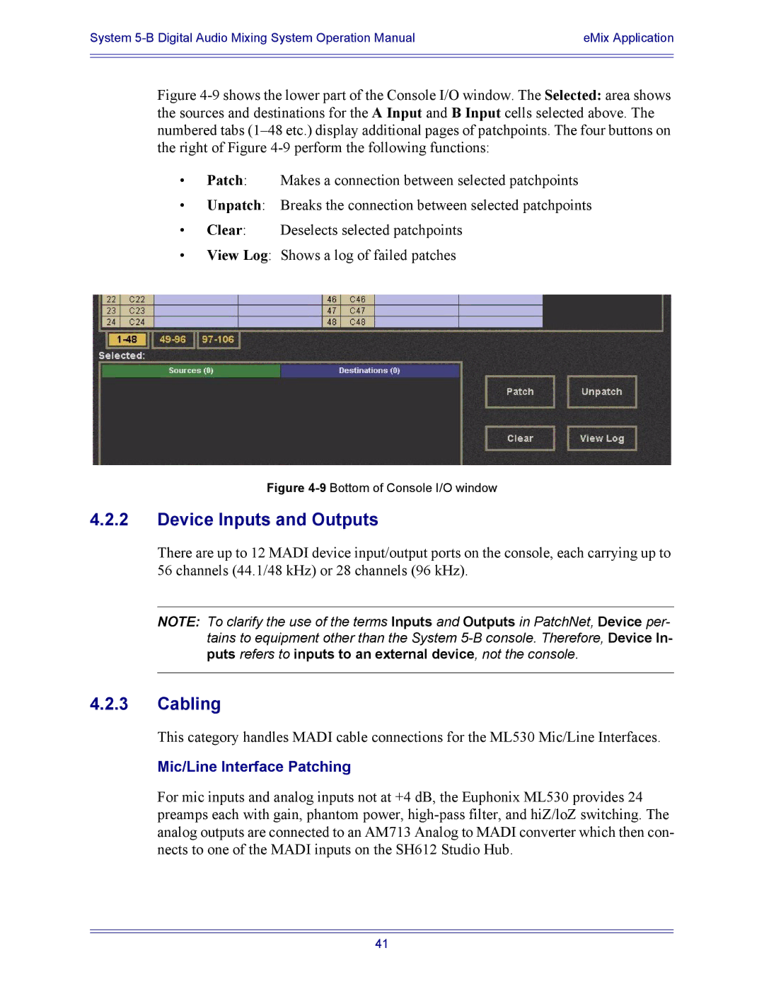 Euphonix 5B operation manual Device Inputs and Outputs, Cabling, Mic/Line Interface Patching 