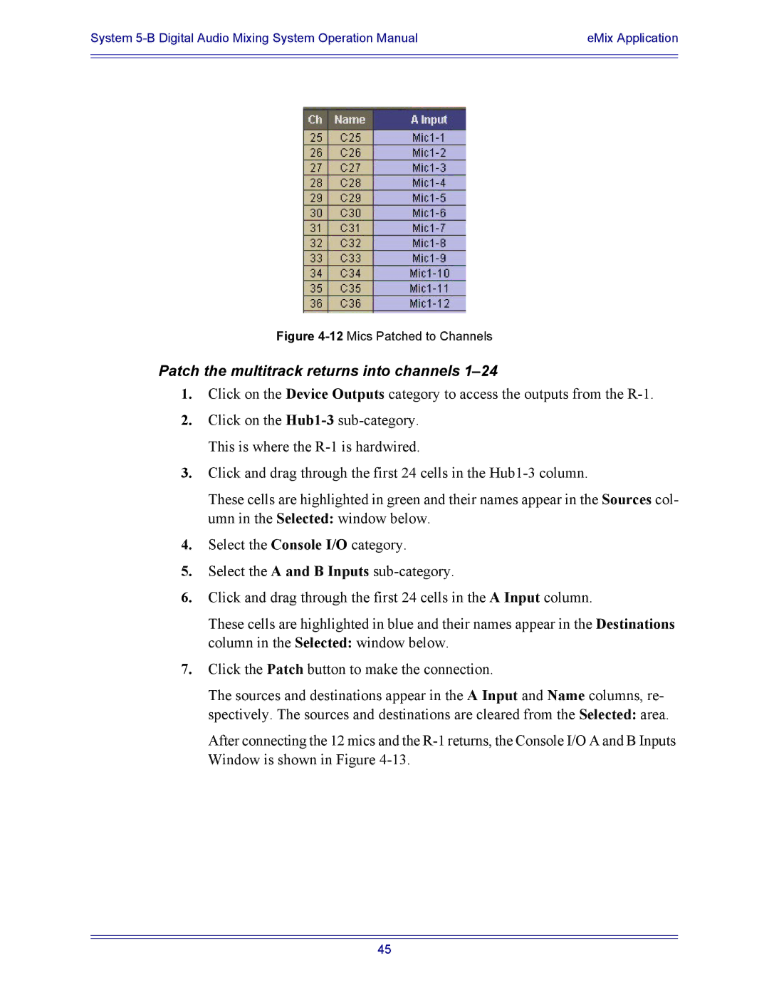 Euphonix 5B operation manual Patch the multitrack returns into channels 