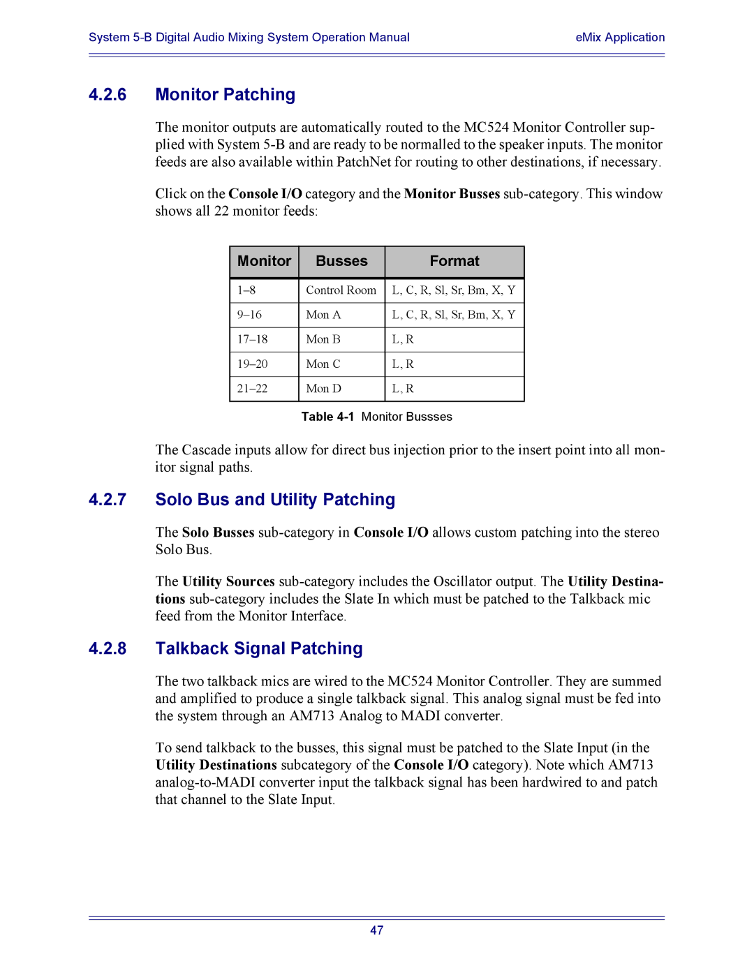 Euphonix 5B operation manual Monitor Patching, Solo Bus and Utility Patching, Talkback Signal Patching 