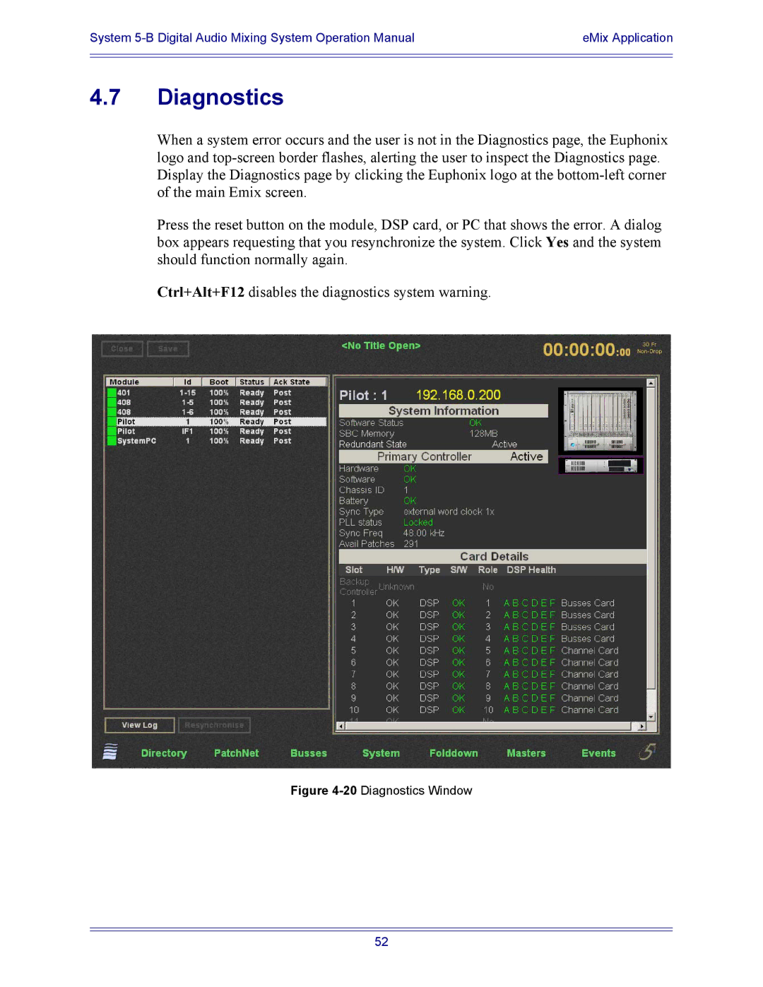 Euphonix 5B operation manual 20Diagnostics Window 