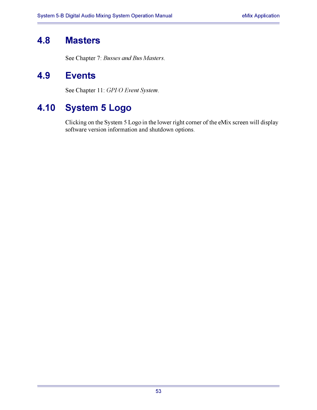 Euphonix 5B operation manual Masters, Events, System 5 Logo 