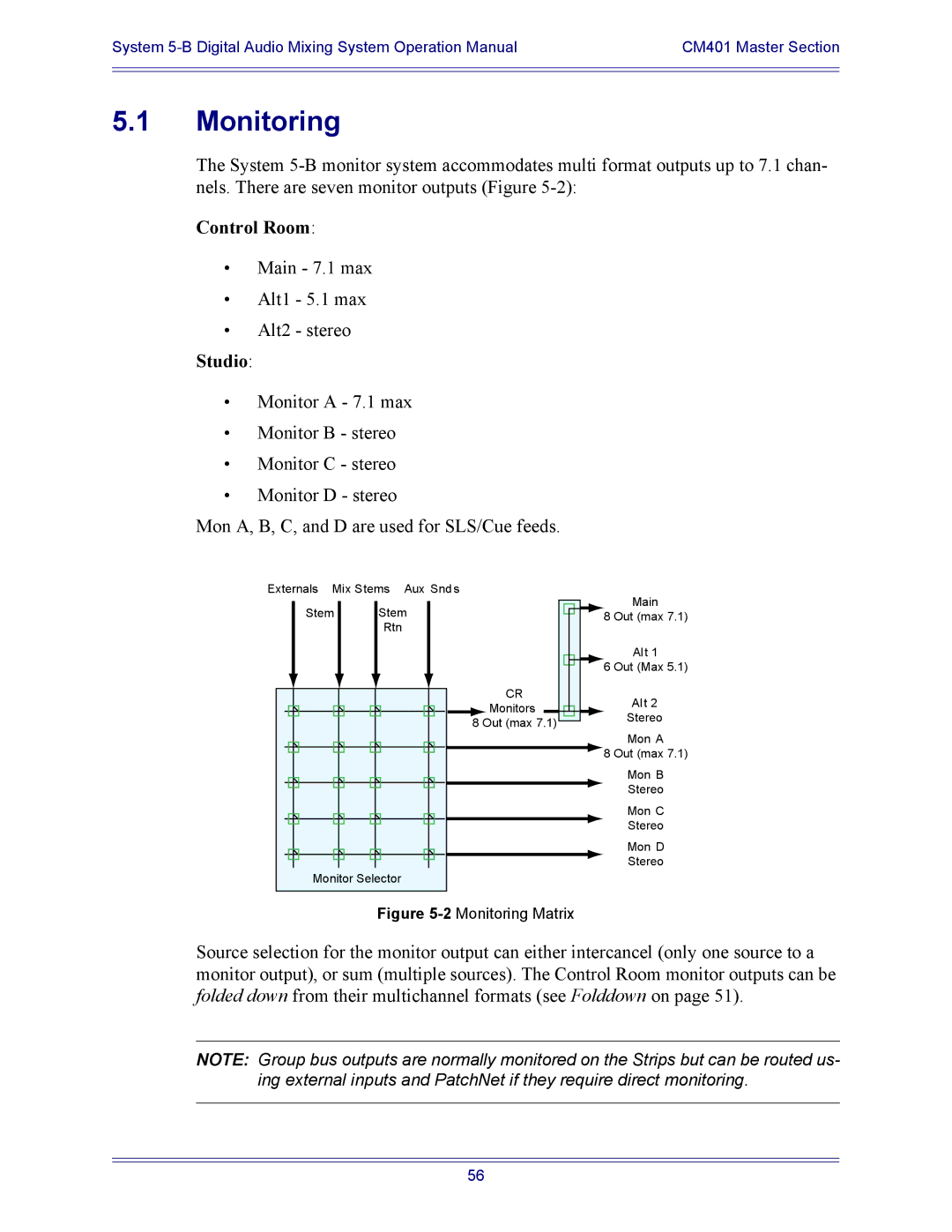 Euphonix 5B operation manual Monitoring, Studio 