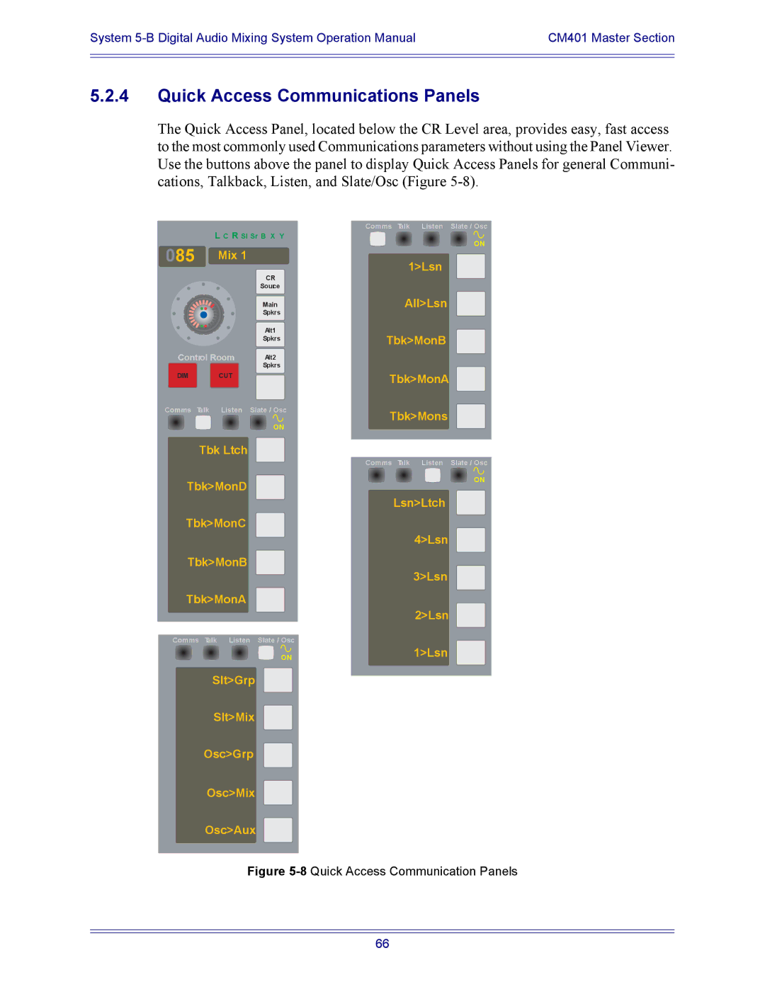 Euphonix 5B operation manual Quick Access Communications Panels, 8Quick Access Communication Panels 