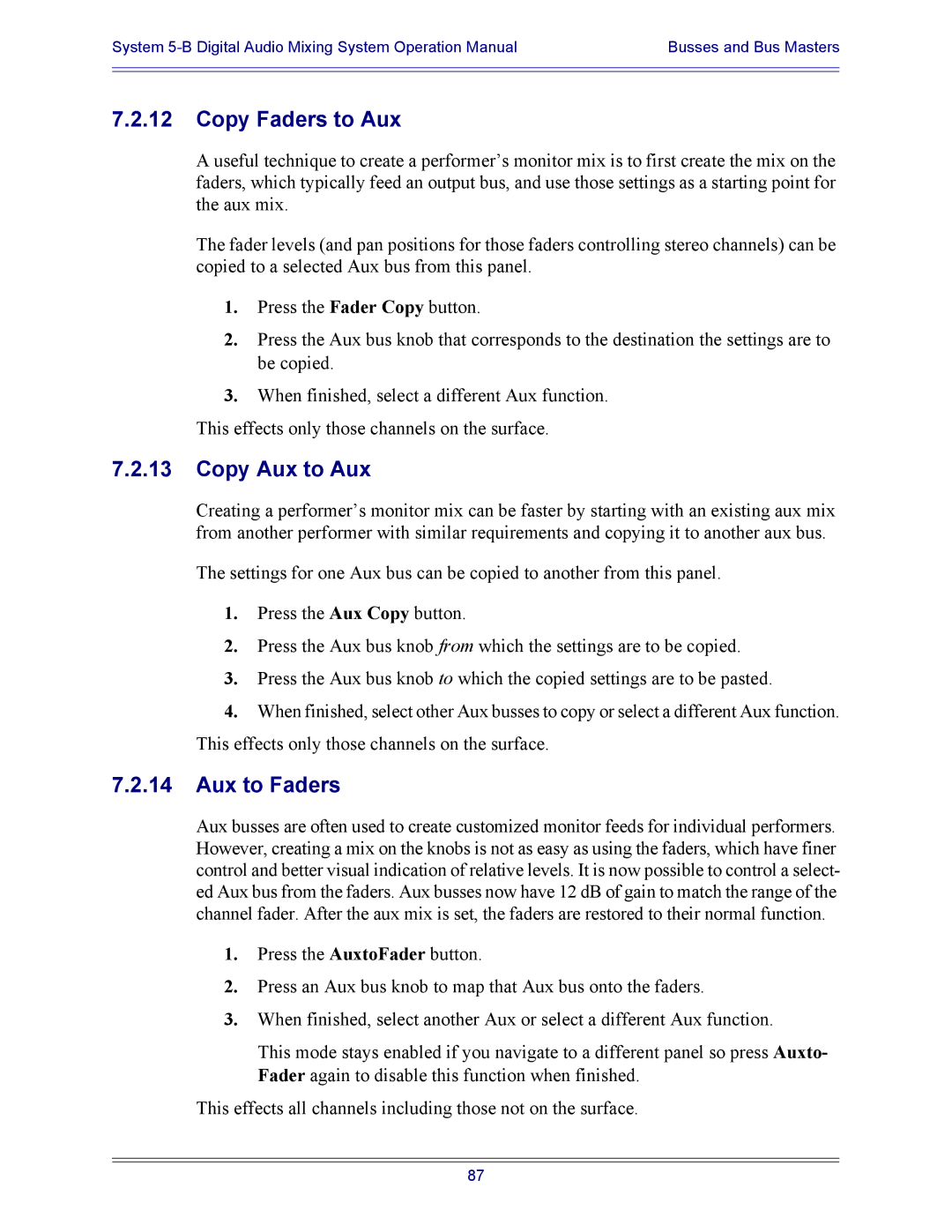 Euphonix 5B operation manual Copy Faders to Aux, Copy Aux to Aux, Aux to Faders 