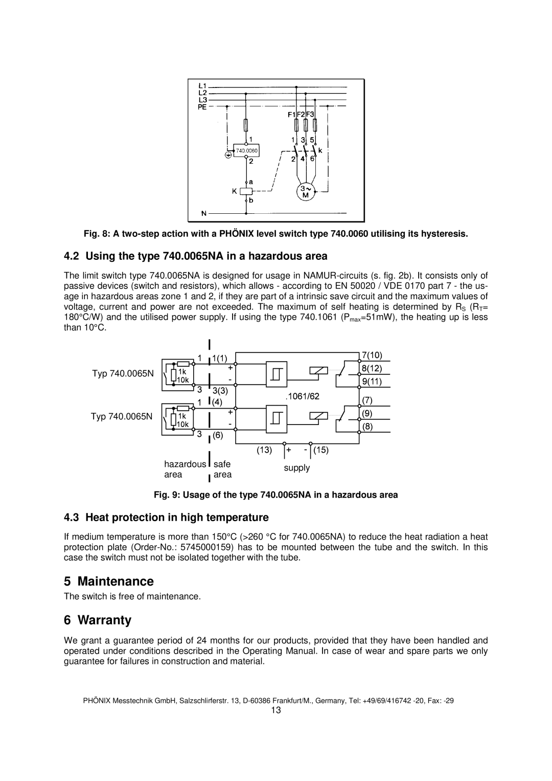 Euphonix Maintenance, Warranty, Using the type 740.0065NA in a hazardous area, Heat protection in high temperature 