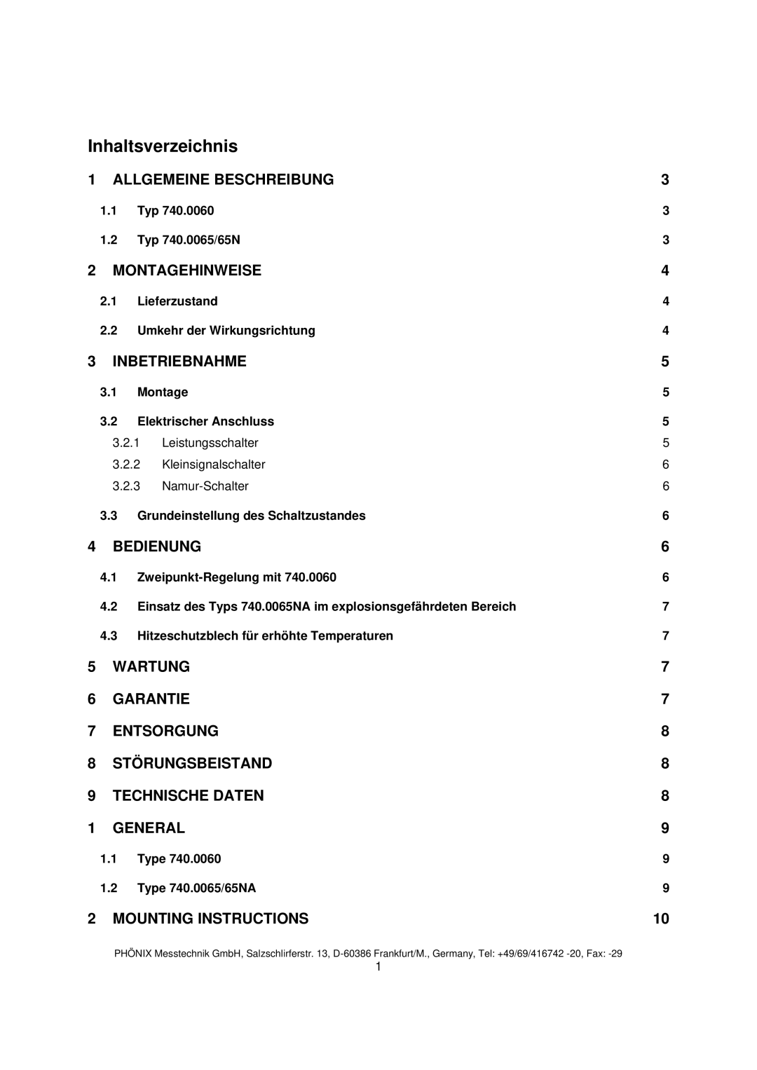 Euphonix 740.0065NA instruction manual Inhaltsverzeichnis, Inbetriebnahme 