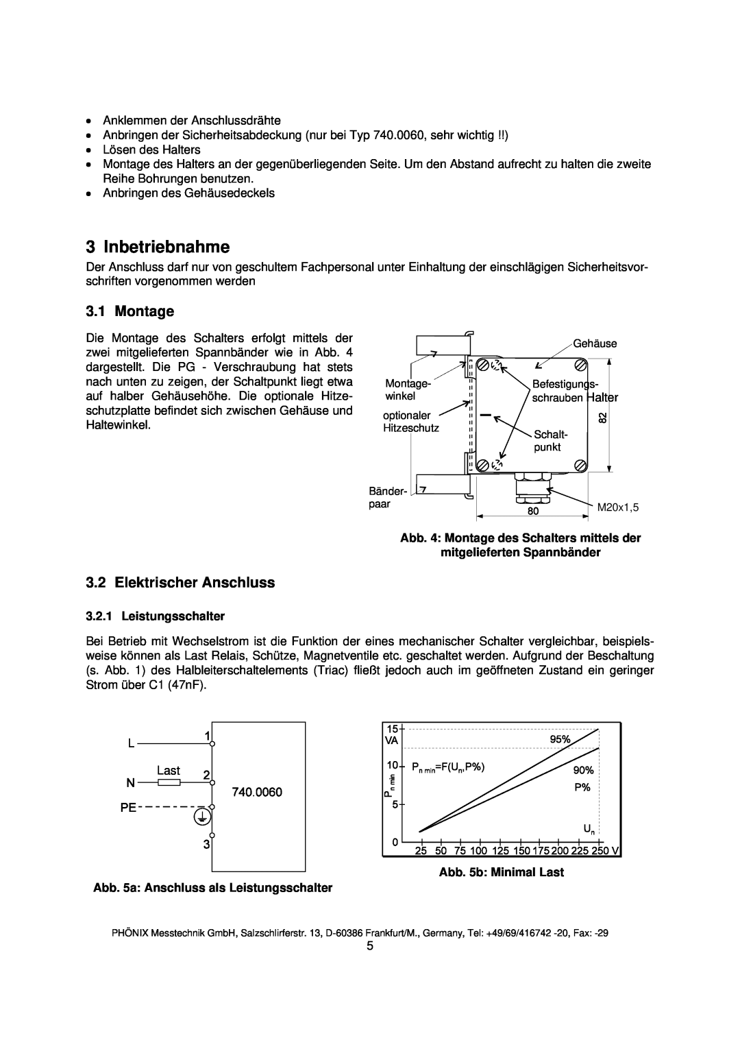 Euphonix 740.0065NA instruction manual Inbetriebnahme, Montage, Elektrischer Anschluss, Leistungsschalter 