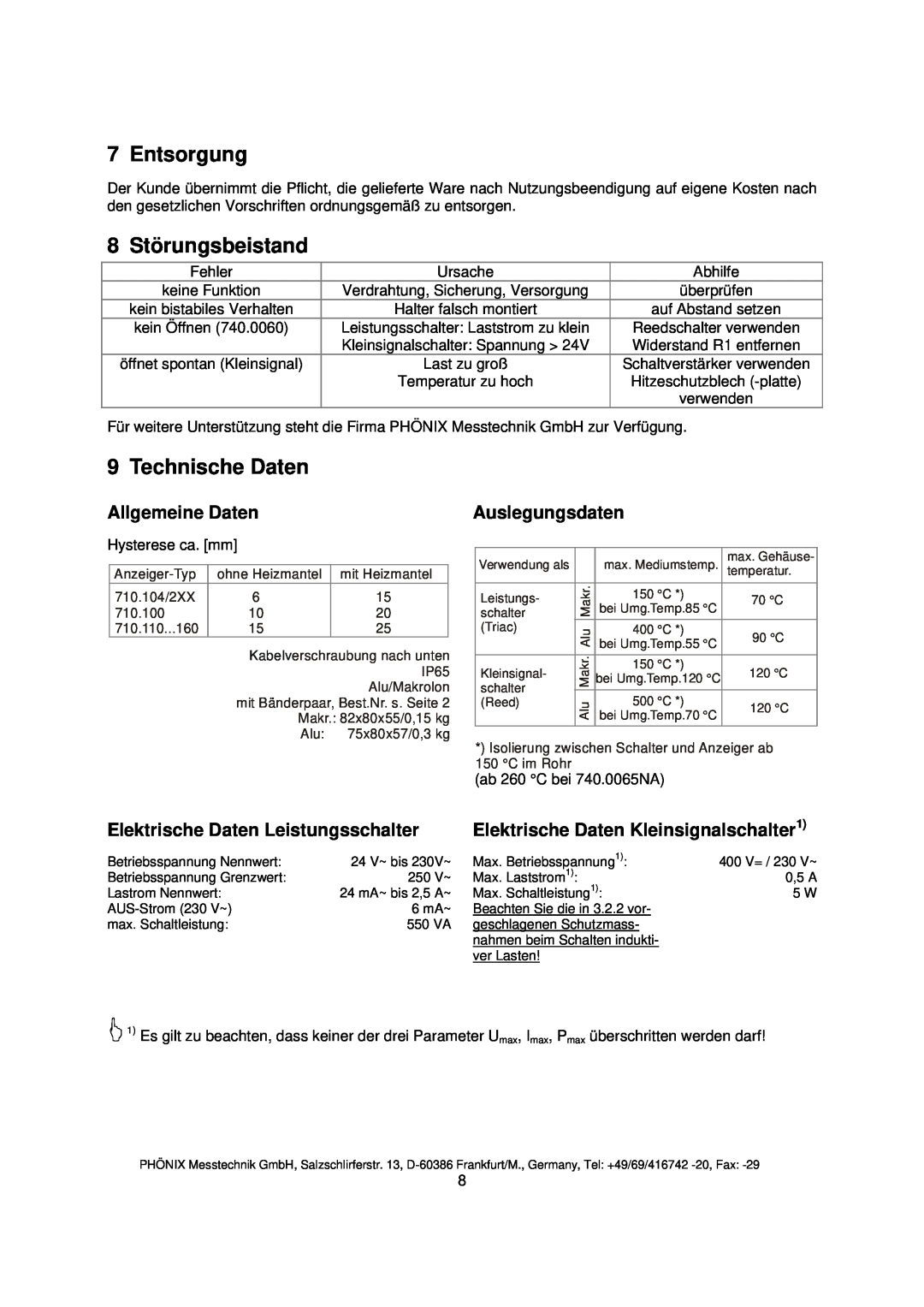 Euphonix 740.0065NA instruction manual Entsorgung, 8 Störungsbeistand, Technische Daten, Allgemeine Daten, Auslegungsdaten 