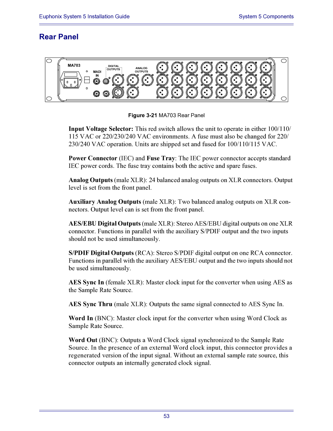 Euphonix 840-07591-04 manual 21MA703 Rear Panel 