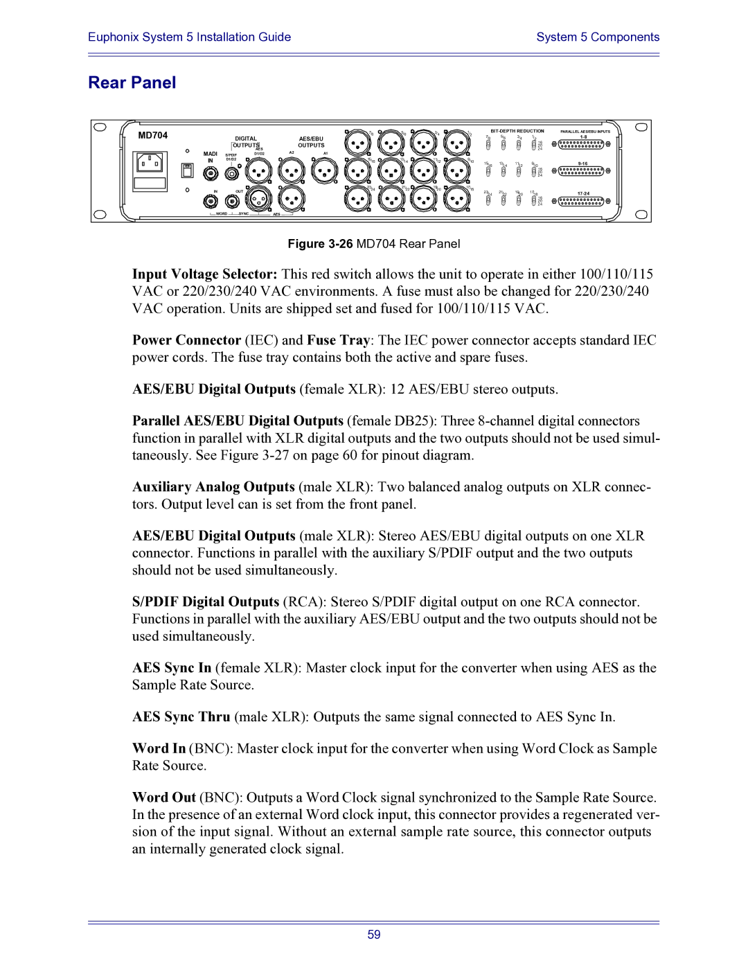 Euphonix 840-07591-04 manual 26MD704 Rear Panel 
