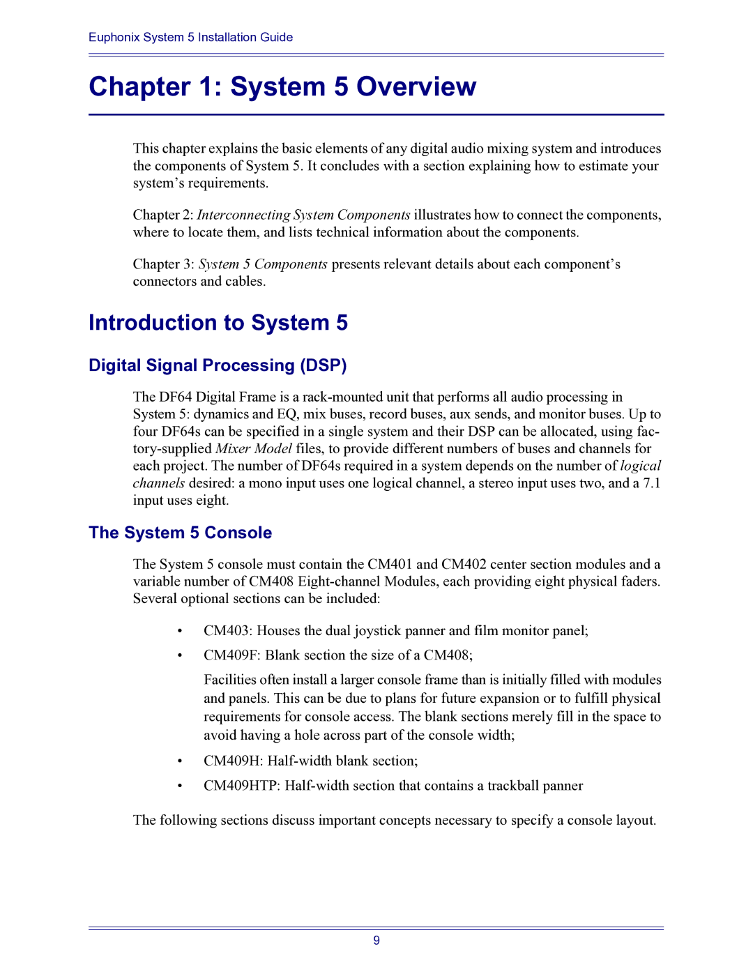 Euphonix 840-07591-04 manual Introduction to System, Digital Signal Processing DSP, System 5 Console 