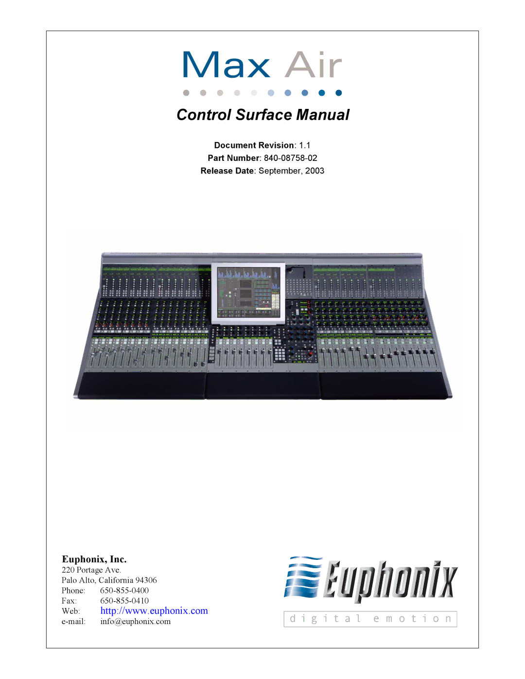 Euphonix 840-08758-02 manual Control Surface Manual 