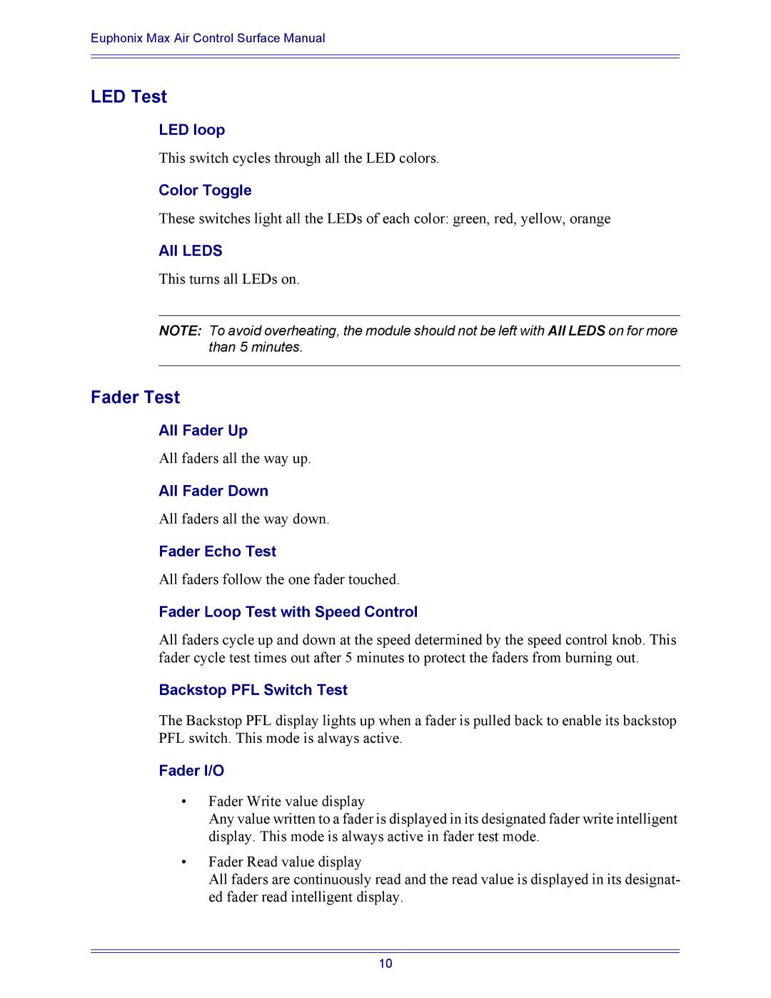 Euphonix 840-08758-02 manual LED Test, Fader Test 