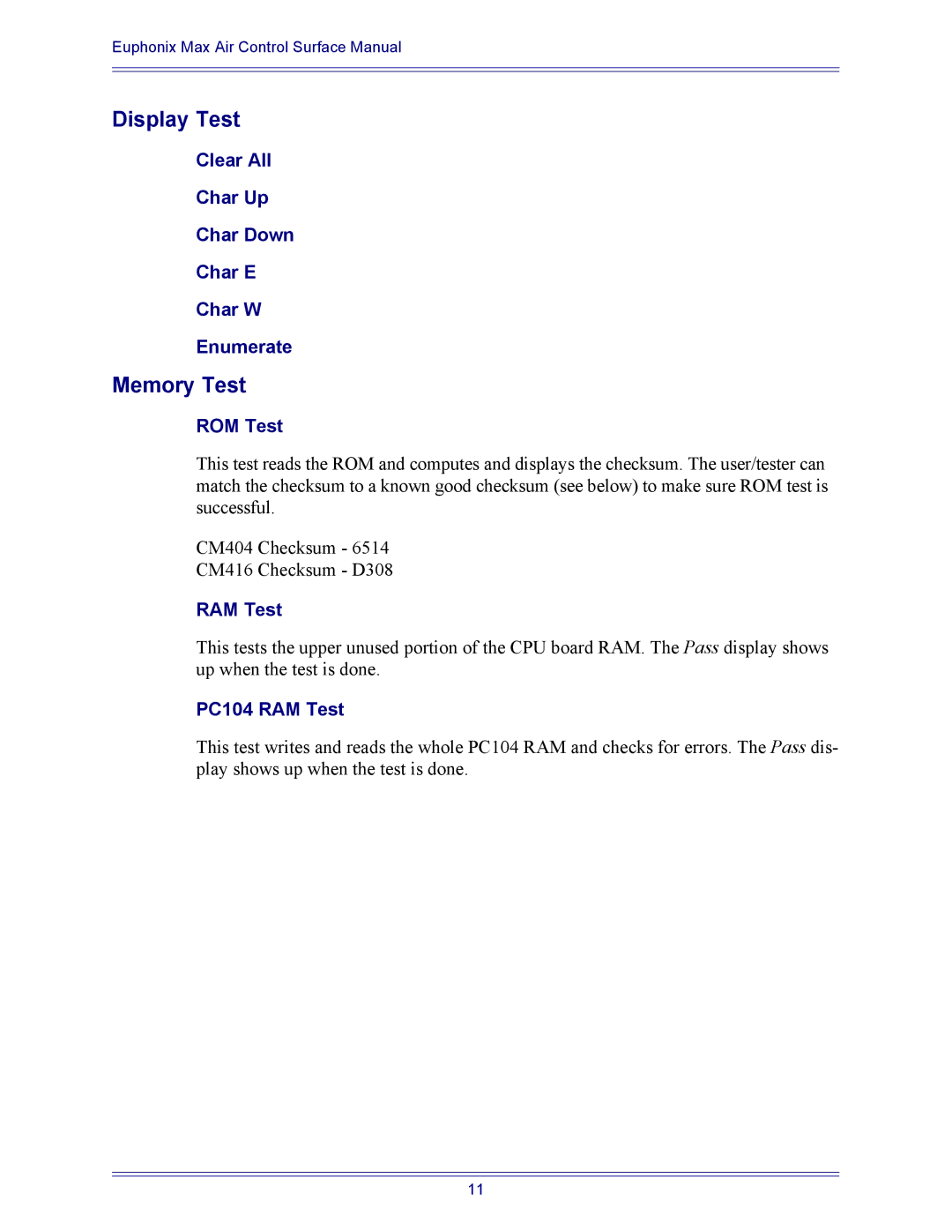 Euphonix 840-08758-02 manual Display Test, Memory Test 
