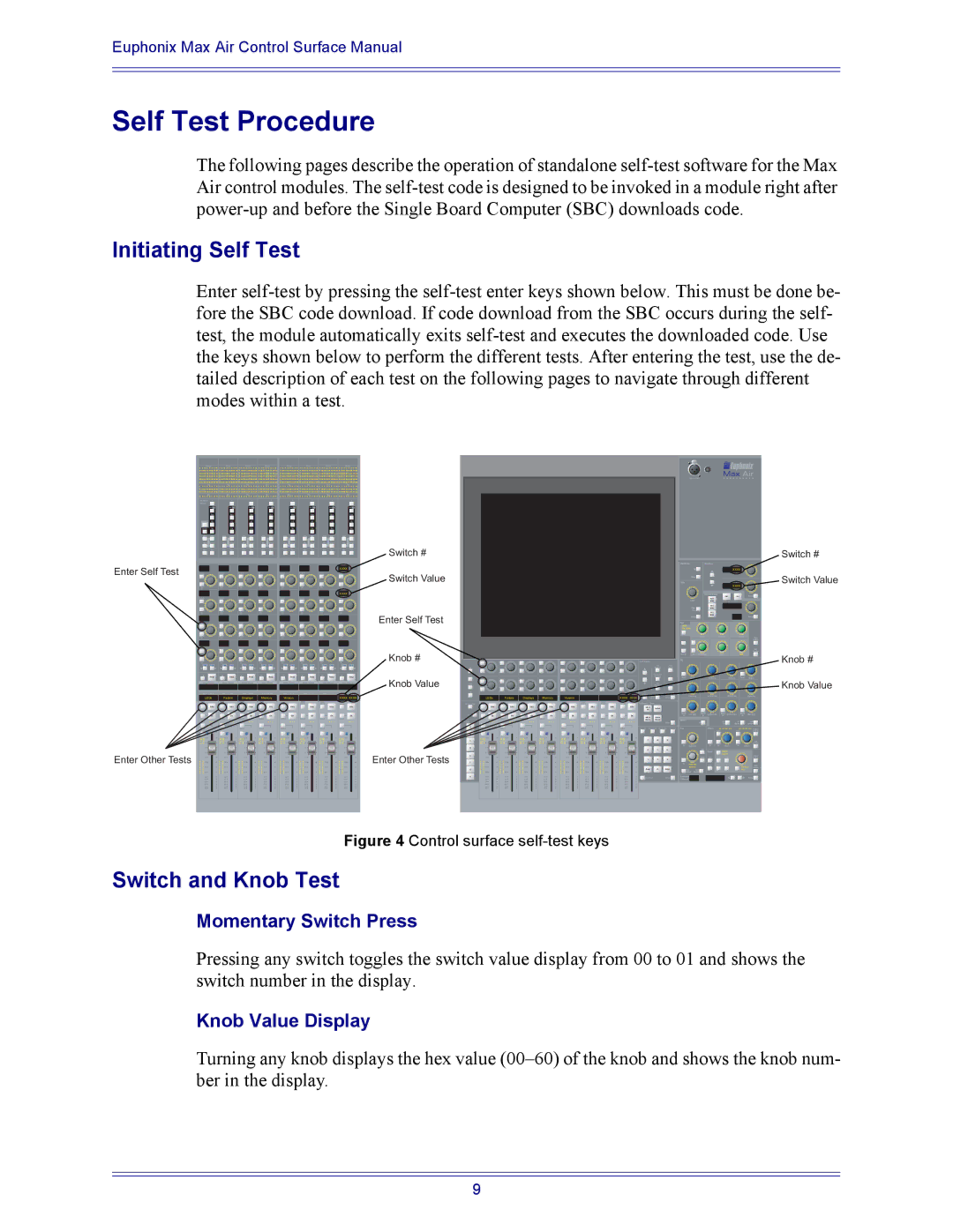 Euphonix 840-08758-02 manual Self Test Procedure, Initiating Self Test, Switch and Knob Test, Momentary Switch Press 