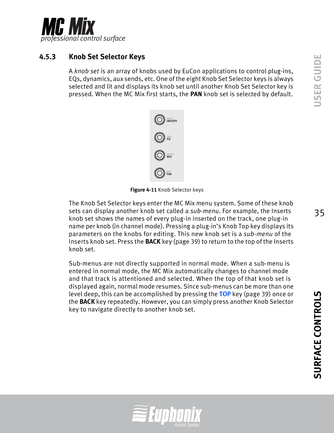 Euphonix EuCon manual Knob Set Selector Keys, 11Knob Selector keys 