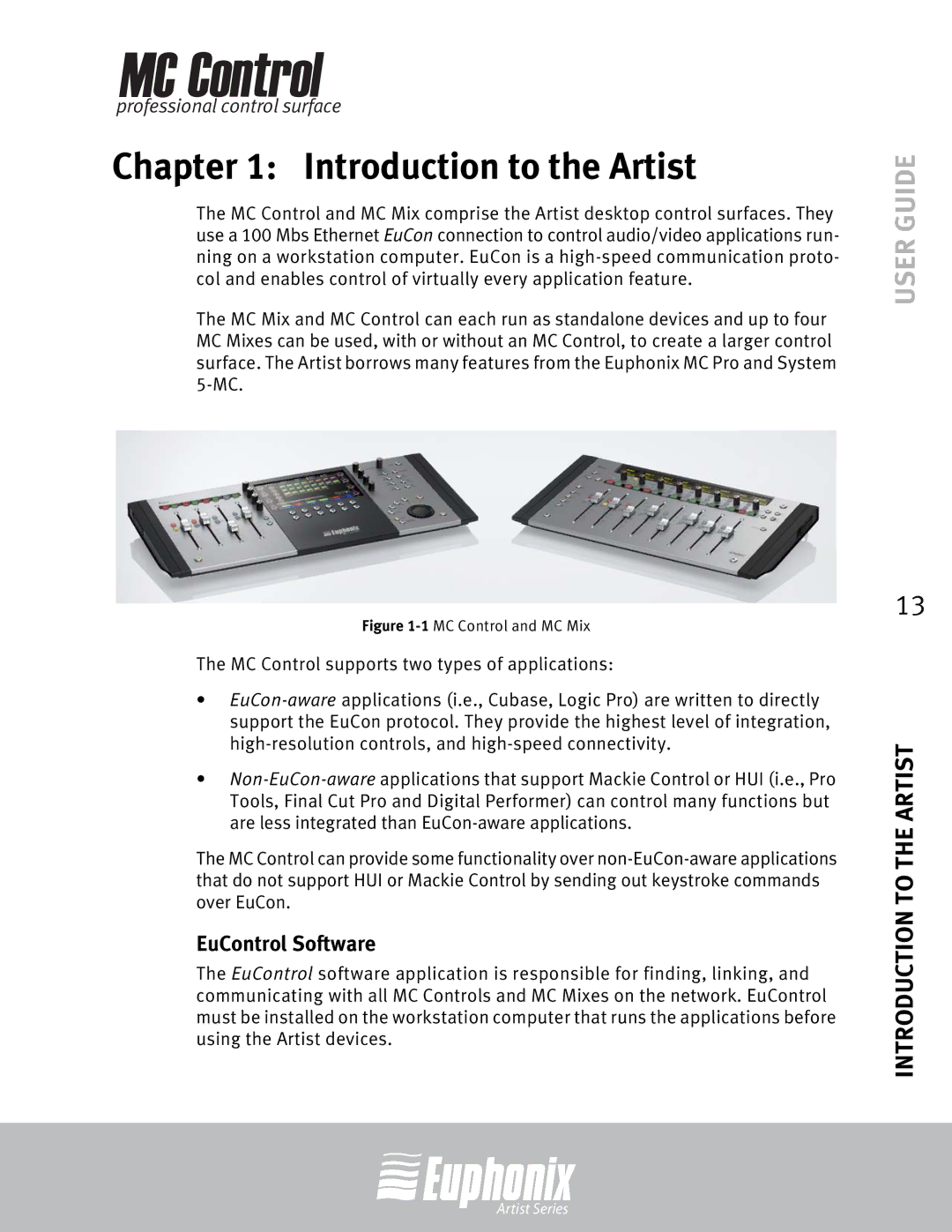 Euphonix MC Control manual Introduction to the Artist, EuControl Software 