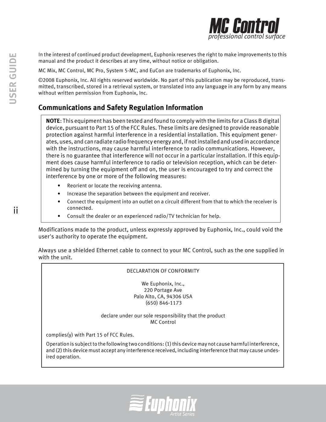 Euphonix MC Control manual User Guide, Communications and Safety Regulation Information 