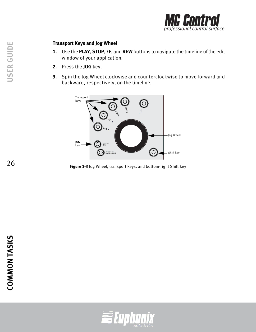 Euphonix MC Control manual Transport Keys and Jog Wheel, 3Jog Wheel, transport keys, and bottom-right Shift key 